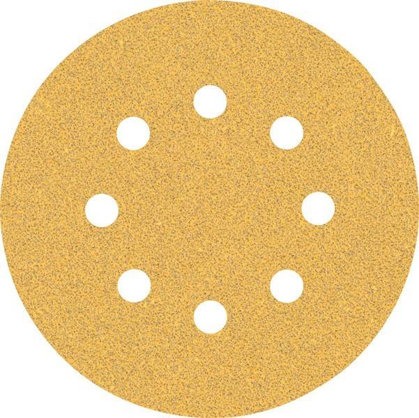 Eine runde, tanfarbene Schleifpapierscheibe mit acht gleichmäßig verteilten kreisförmigen Löchern. Wird zum Schleifen und Glätten von Oberflächen mit einem Exzenterschleifer verwendet.