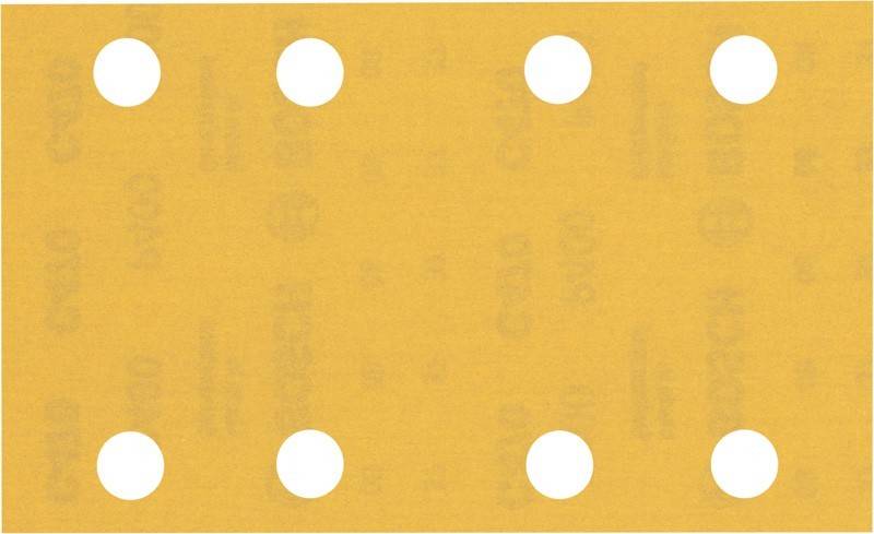 Ein Blatt orangefarbenes Schmirgelpapier mit vier gleichmäßig verteilten kreisrunden Löchern in jeder Ecke.