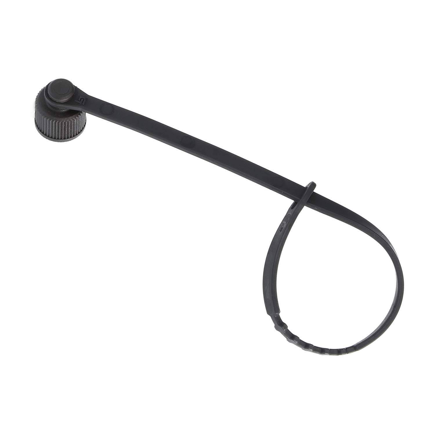 Ein schwarzer Kunststoffschraubverschluss mit angebrachter Schlaufe zum Verschließen von Behältern.