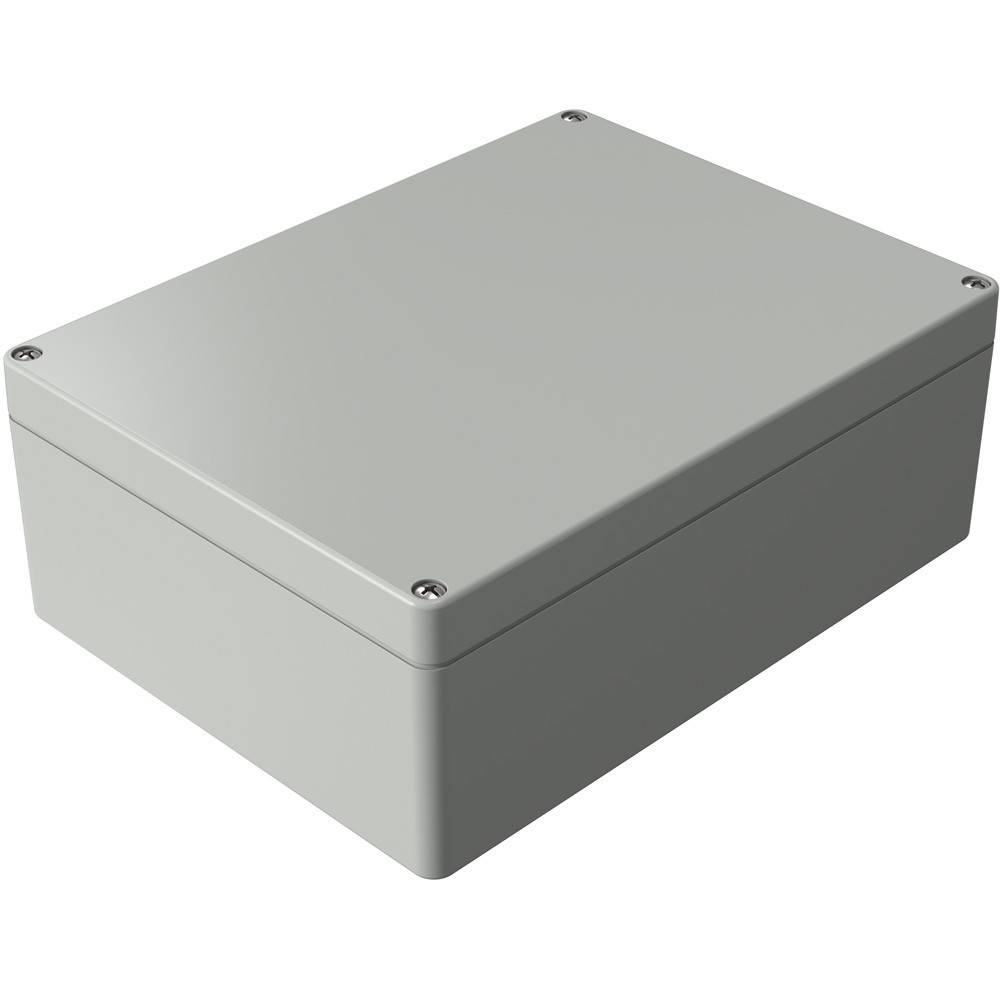 Eine graue, rechteckige Kunststoff-Abzweigdose mit sichtbaren Schraubenbefestigungen an den Ecken, die zur Unterbringung elektrischer Verbindungen verwendet wird.