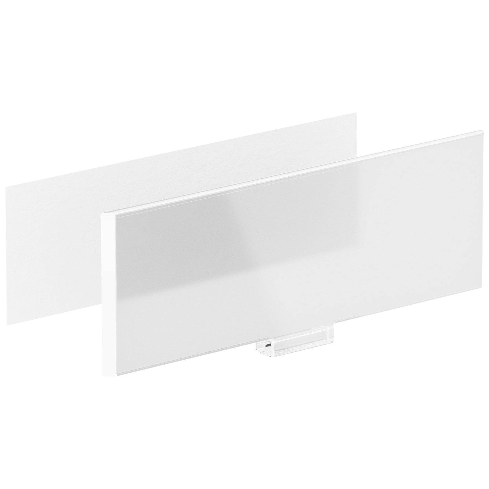 Weiße Schreibtischnamensplakette mit transparentem Acrylhalter, von vorne betrachtet.