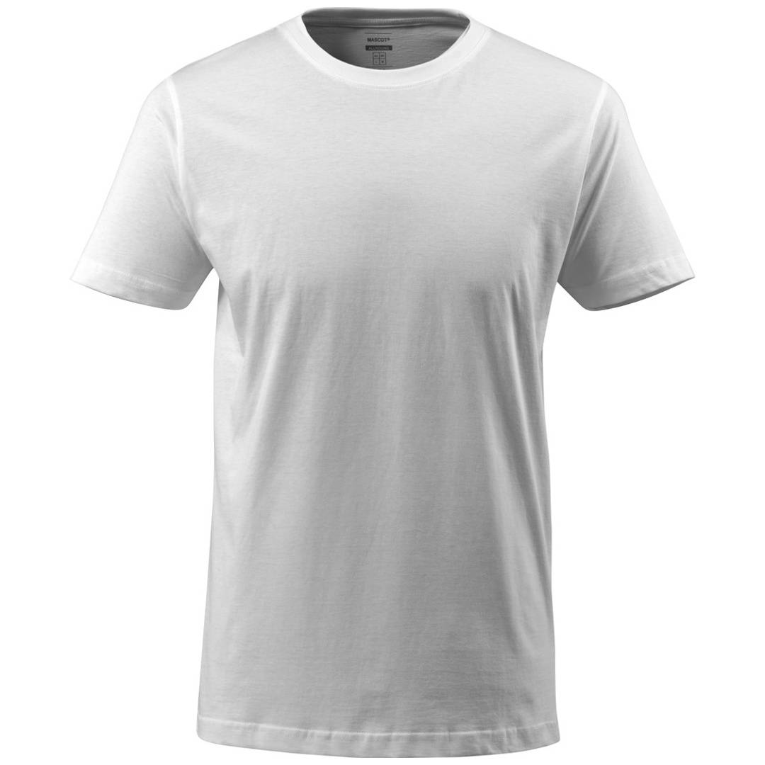 Einfaches weißes T-Shirt mit Kurzarm und Rundhalsausschnitt auf weißem Hintergrund.