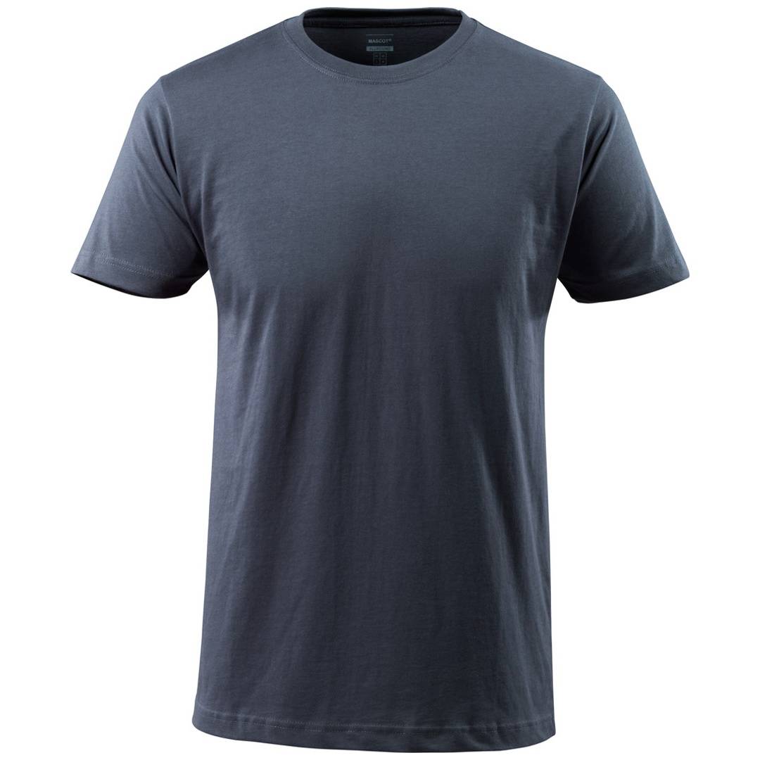 Einfaches dunkelgraues Kurzarm-T-Shirt mit Rundhalsausschnitt auf weißem Hintergrund.