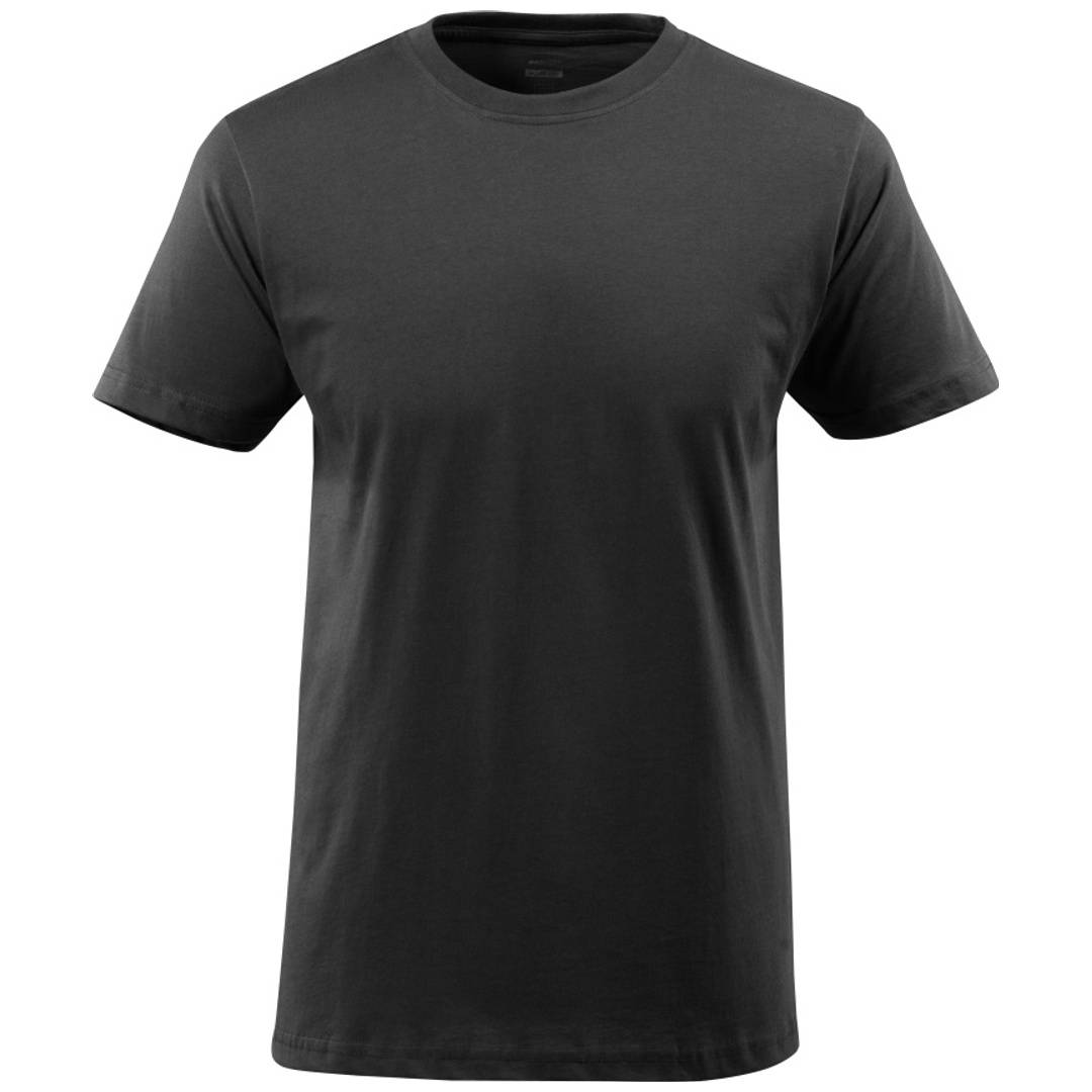 Einfaches dunkelgraues kurzärmliges T-Shirt in Vorderansicht auf weißem Hintergrund gezeigt.