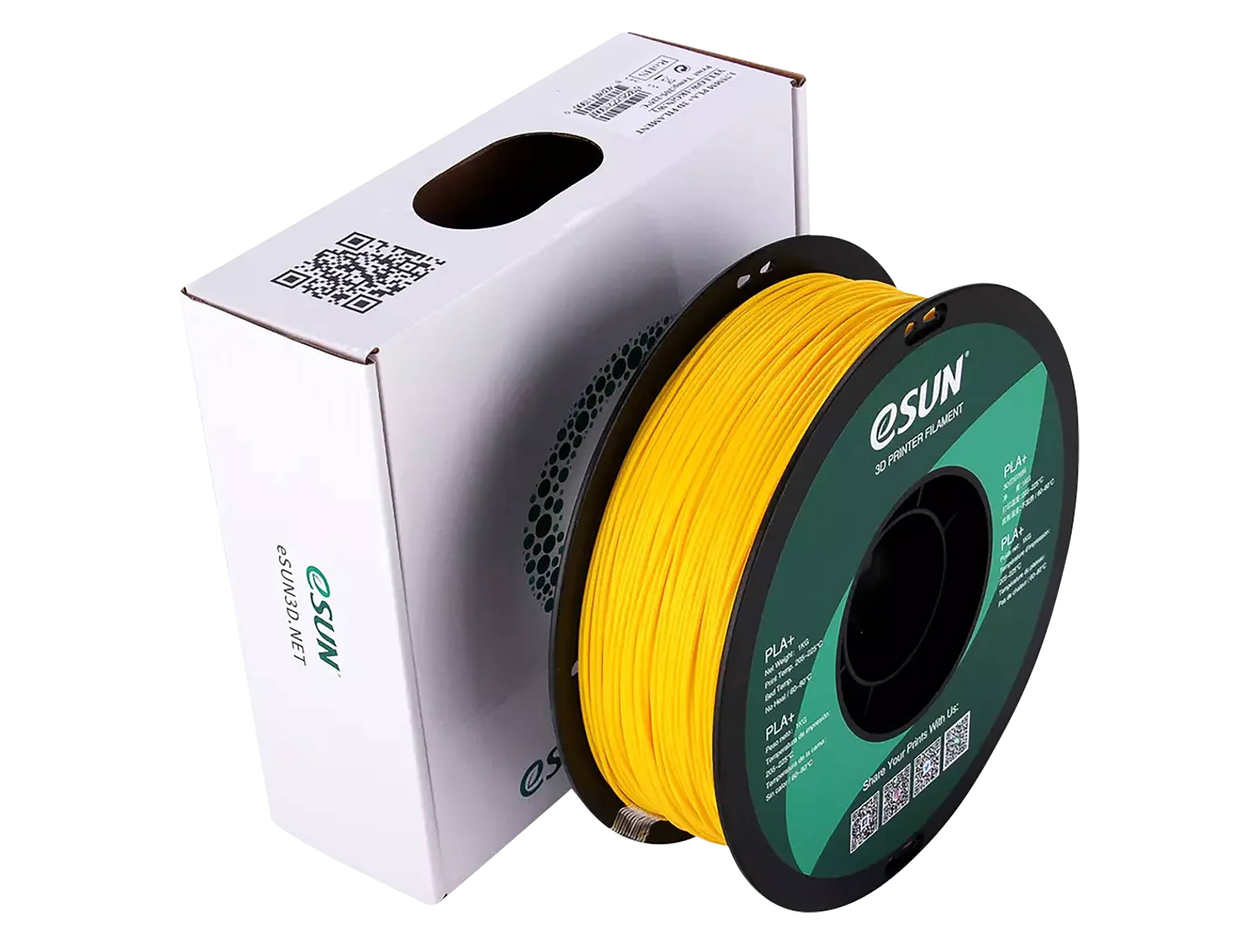 Gelbe ESUN 3D-Druckerfilament-Spule neben ihrer weißen Verpackungsbox auf weißem Hintergrund.