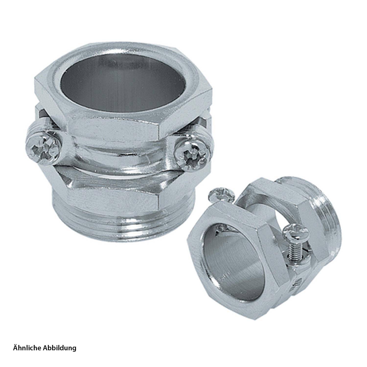Zwei metallische Rohrkupplungen mit sechskantigen Schrauben. Eine Kupplung ist etwas größer als die andere, beide werden zum Sichern von Rohren verwendet.