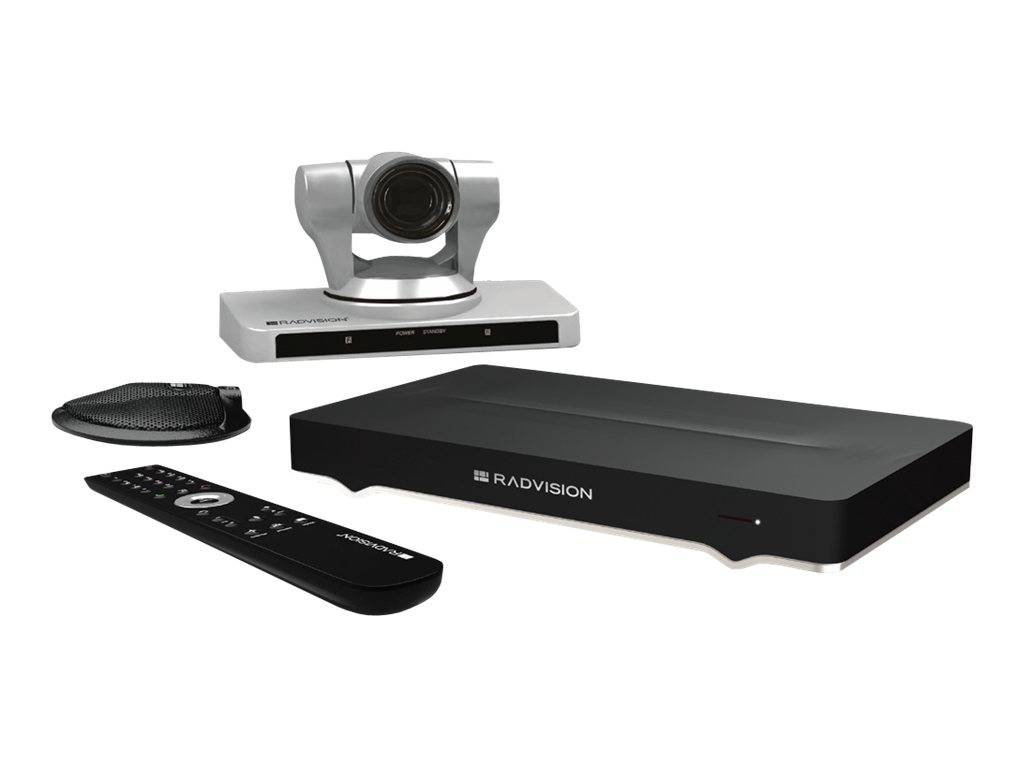 Videokonferenzsystem mit Kamera, Codec-Einheit, Fernbedienung und Freisprechanlage auf weißem Hintergrund.