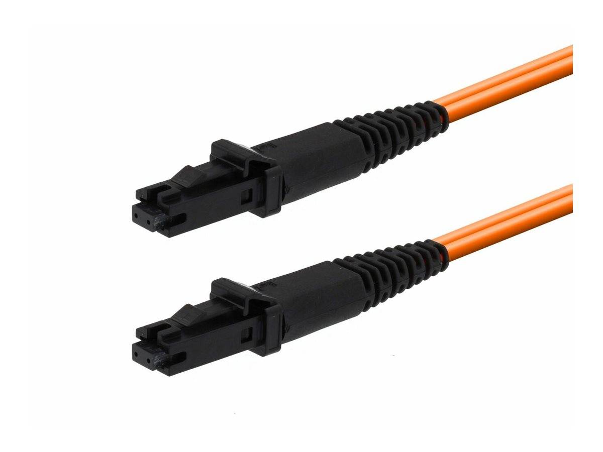Zwei orangefarbene Glasfaserkabel mit schwarzen Steckverbindern auf weißem Hintergrund.