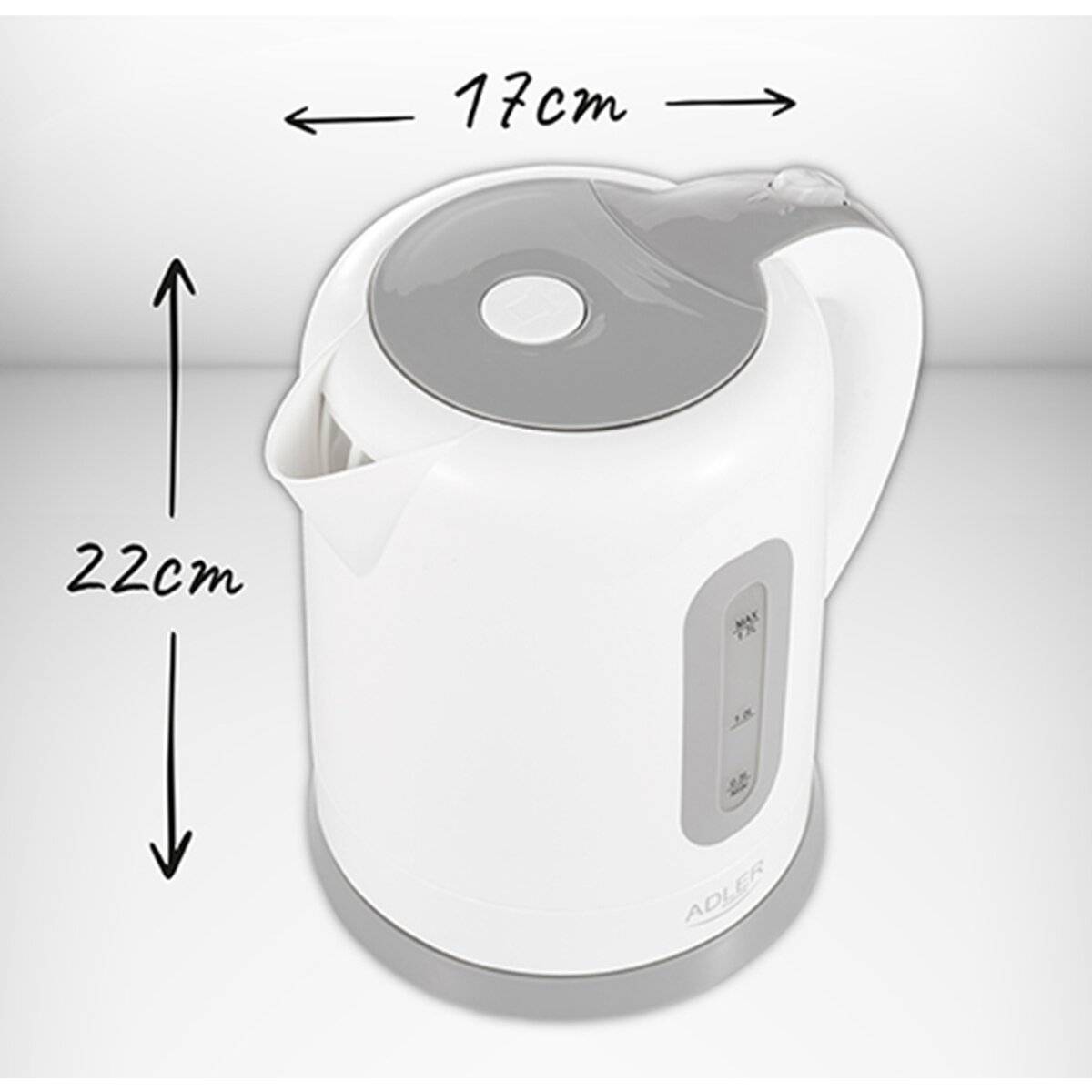 Das Bild zeigt einen weißen elektrischen Wasserkocher mit beschrifteten Abmessungen: 17cm Breite und 22cm Höhe. Griff und Ausguss sind sichtbar.