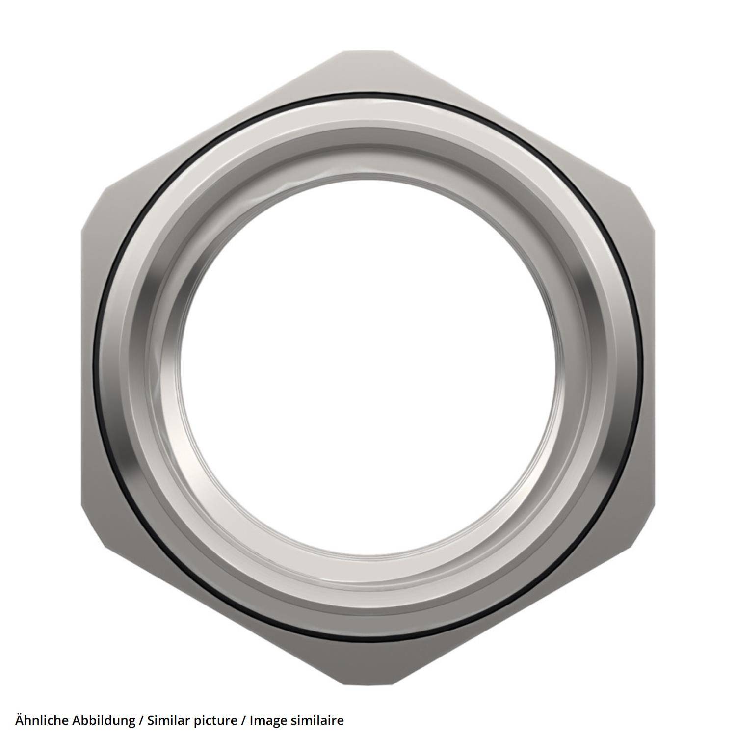 „Nahaufnahme einer sechskantigen Metallmutter von oben betrachtet, die das kreisförmige Gewinde im Inneren zeigt. Sie ist für Befestigungszwecke bestimmt.