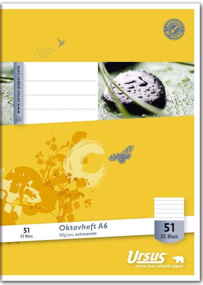Gelbes Papier-Notizbuchumschlag mit einem Foto eines Kieselsteins und eines Blattes, beschriftet mit „Oktavheft A6
