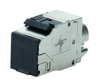 Metallischer Elektrostecker mit schwarzer Kunststoffabdeckung, in Seitenansicht vor weißem Hintergrund dargestellt.