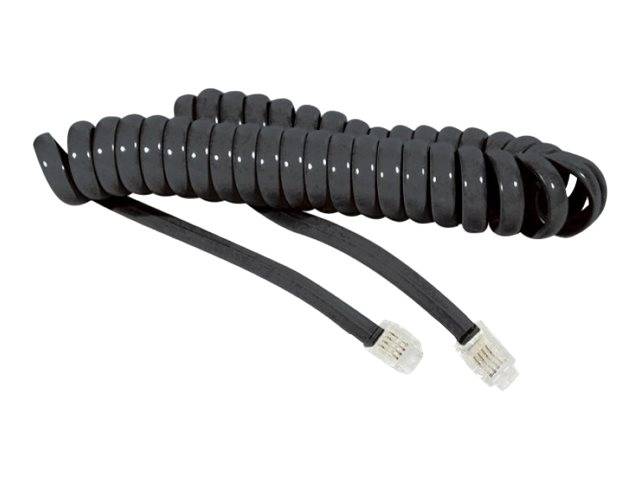 Ein aufgewickeltes schwarzes Telefonkabel mit zwei transparenten Steckern an jedem Ende, das üblicherweise für Festnetztelefone verwendet wird.