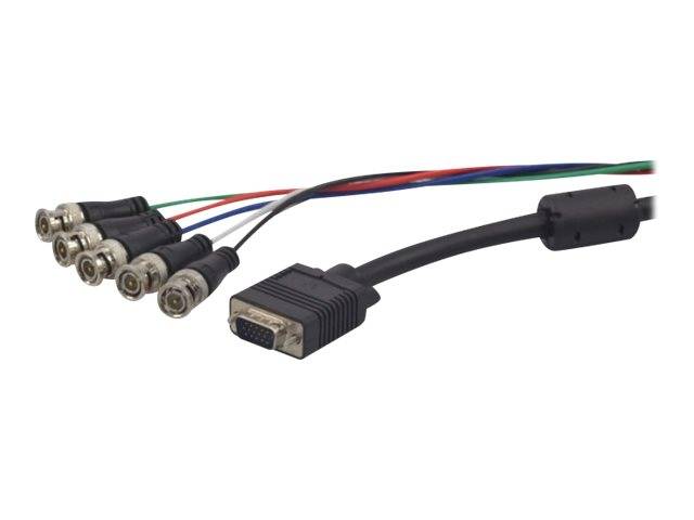 Ein VGA-zu-BNC-Kabel zum Anschluss von Videogeräten, das mehrere Koaxialstecker auf der einen Seite und einen VGA-Stecker auf der anderen Seite aufweist.