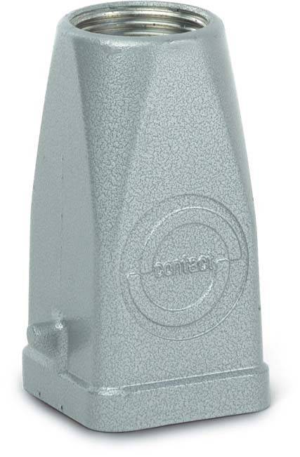 Eine metallische, rechteckige Industriekomponente mit einer strukturierten Oberfläche und einem geprägten kreisförmigen Logo.