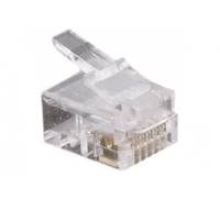 Ein transparenter RJ45-Stecker für Ethernet-Kabel, der Metallkontakte und einen Kunststoff-Verriegelungsclip zeigt, der für Netzwerkverbindungen verwendet wird.