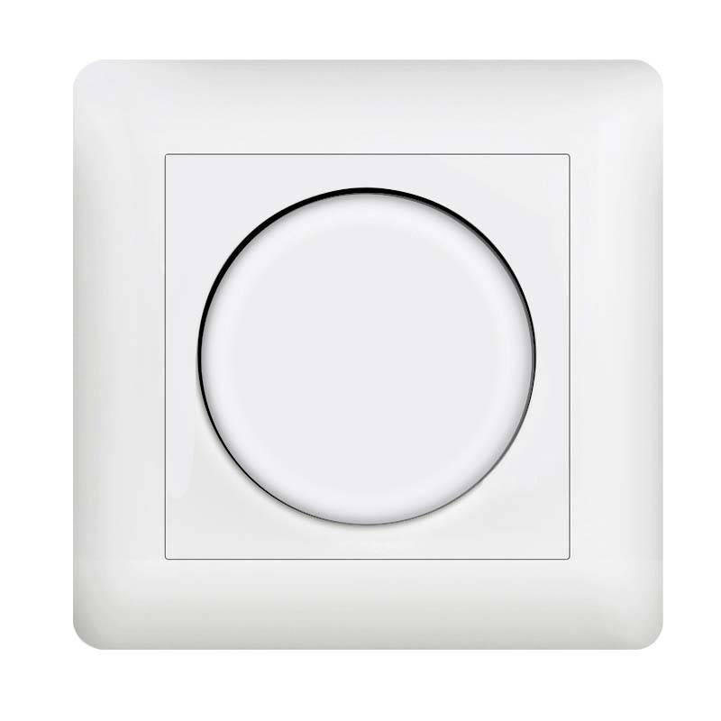 Ein weißer Wandlichtdimmer mit einem kreisrunden Drehregler in der Mitte, umrahmt von einer quadratischen Kante.
