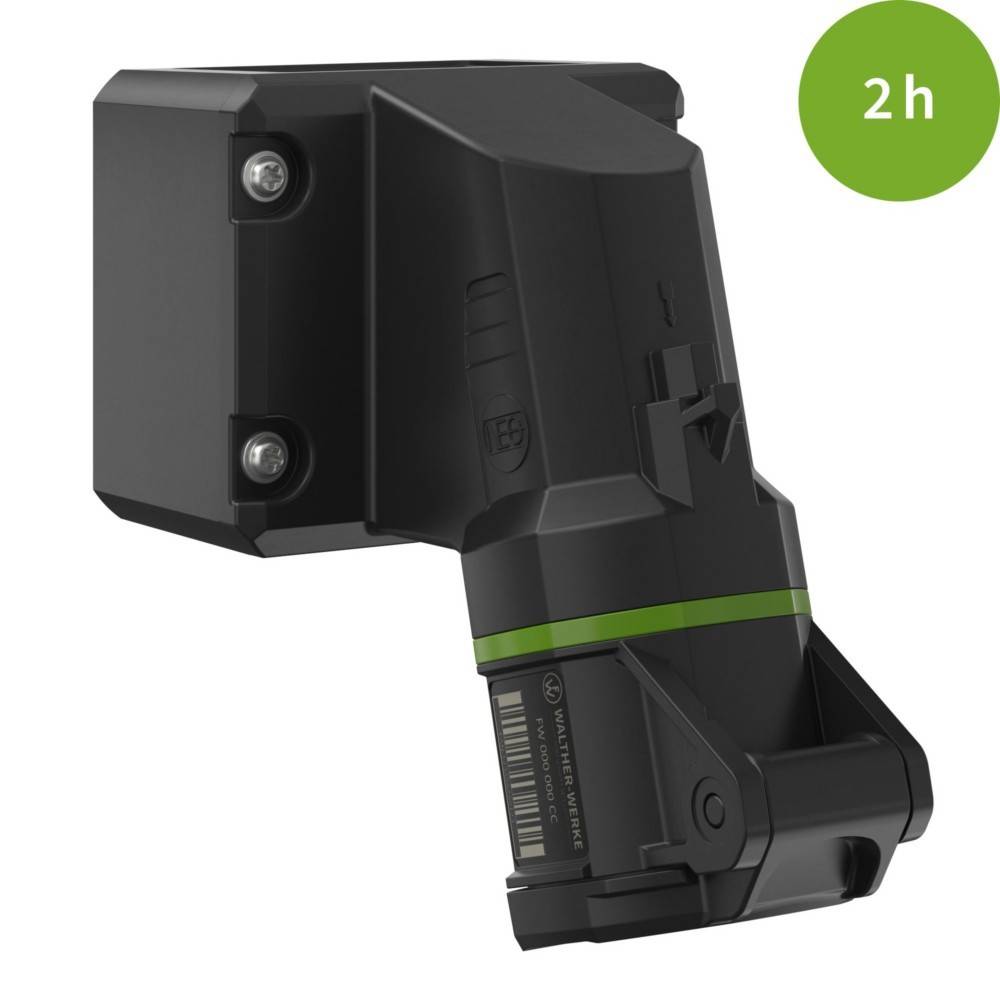 Eine schwarze und grüne Akku-Werkzeugbatterie mit einem '2h'-Symbol in der Ecke, das eine Laufzeit oder Ladezeit von 2 Stunden anzeigt.