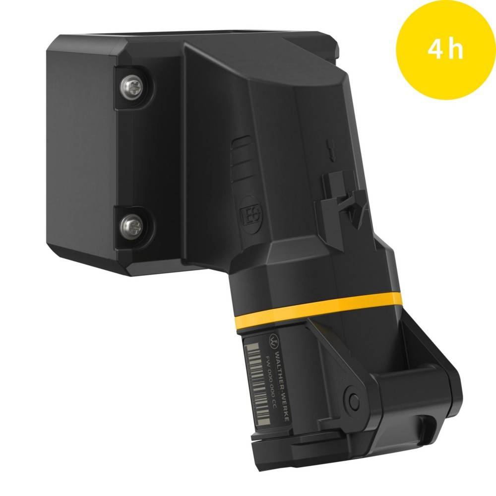 Eine schwarze und gelbe Komponente eines Arbeitsgeräts mit Schrauben. In der oberen rechten Ecke signalisiert ein gelber Kreis mit '4h' eine Nutzungsdauer von vier Stunden.