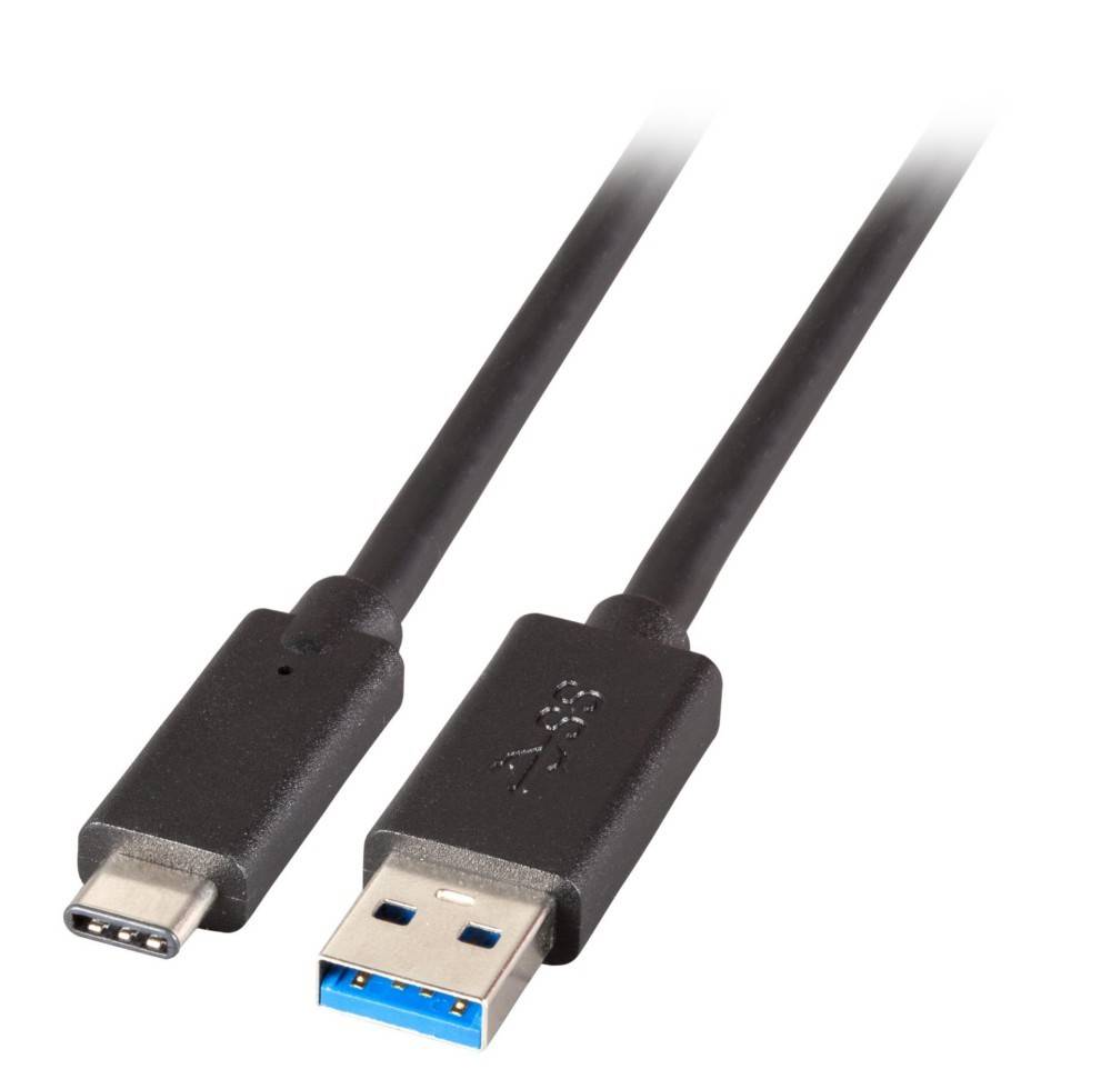 USB-C zu USB-A Kabel mit schwarzen Anschlüssen und Kordel, das einen USB-C-Stecker links und einen USB-A-Stecker rechts zeigt.