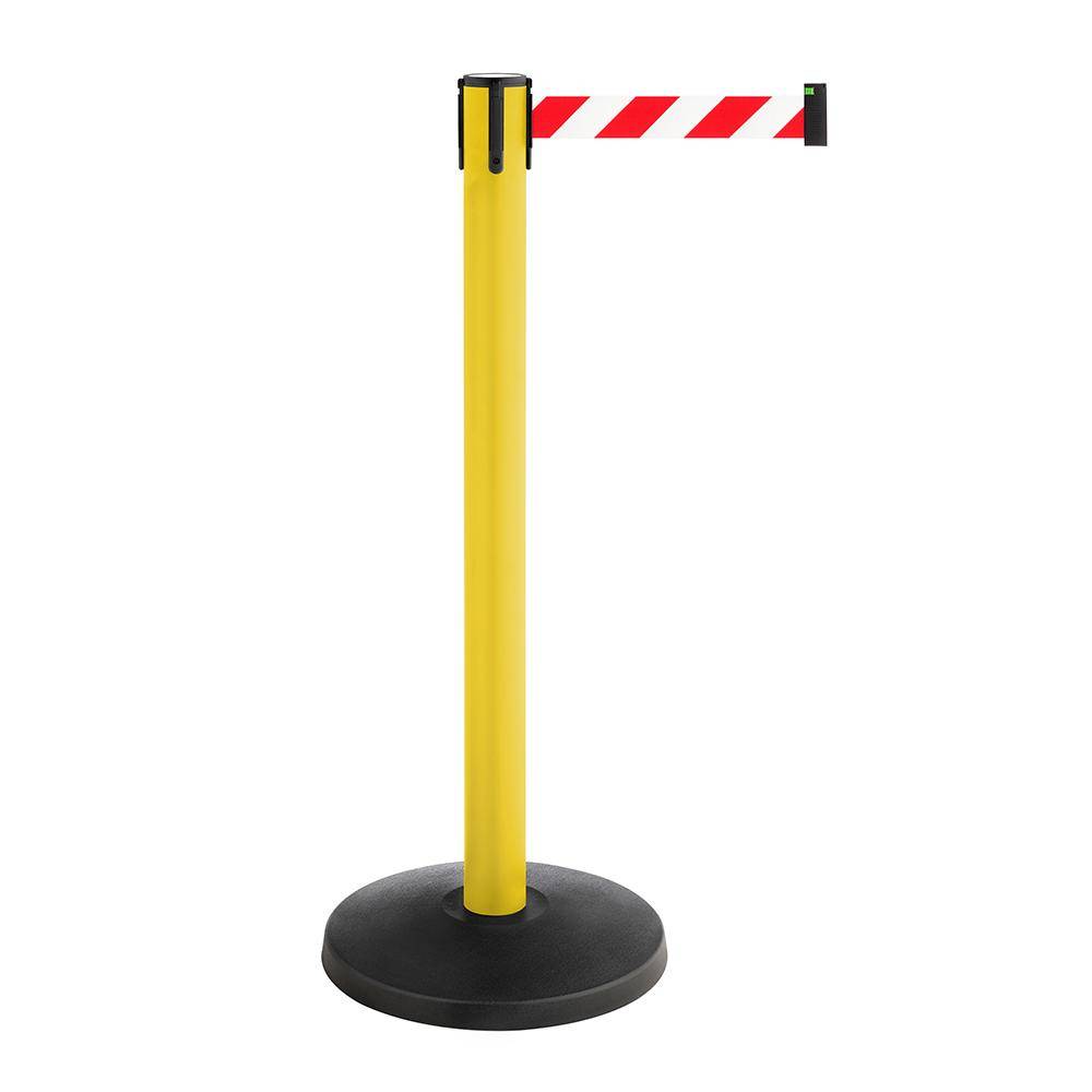 Absperrpfosten ALA - Metall - Höhe 1000 mm - Gurtauszugslänge 4000 mm - Farbe gelb - Gurtfarbe rot/weiß gestreift - 10,5 kg