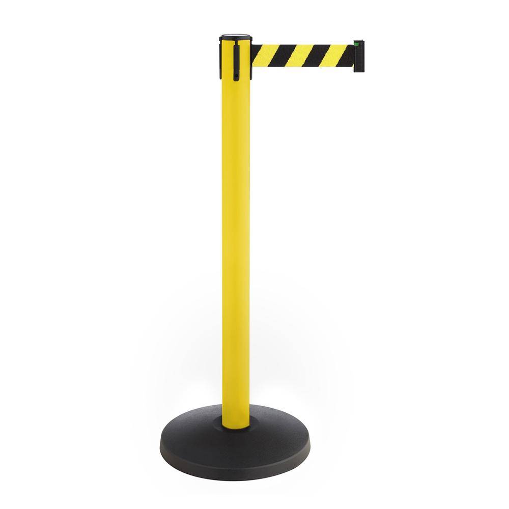 Absperrpfosten ALA - Metall - Höhe 1000 mm - Gurtauszugslänge 4000 mm - Farbe gelb - Gurtfarbe gelb/schwarz gestreift - 10,5 kg