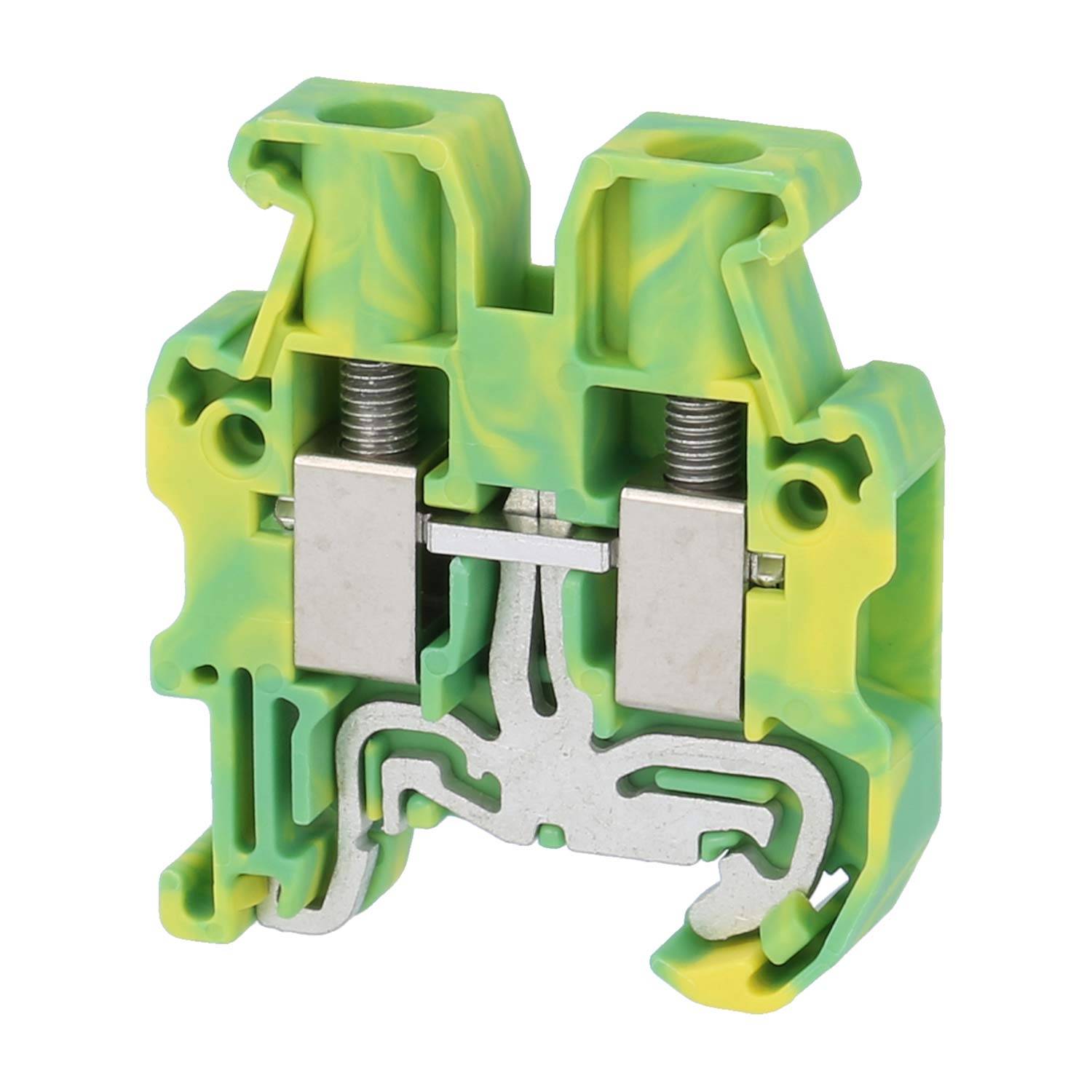 Ein grün-gelbes Klemmleistenmodul mit zwei silbernen Anschlüssen, das zur Drahtorganisation und elektrischen Verbindungen in Schaltkreisen verwendet wird.