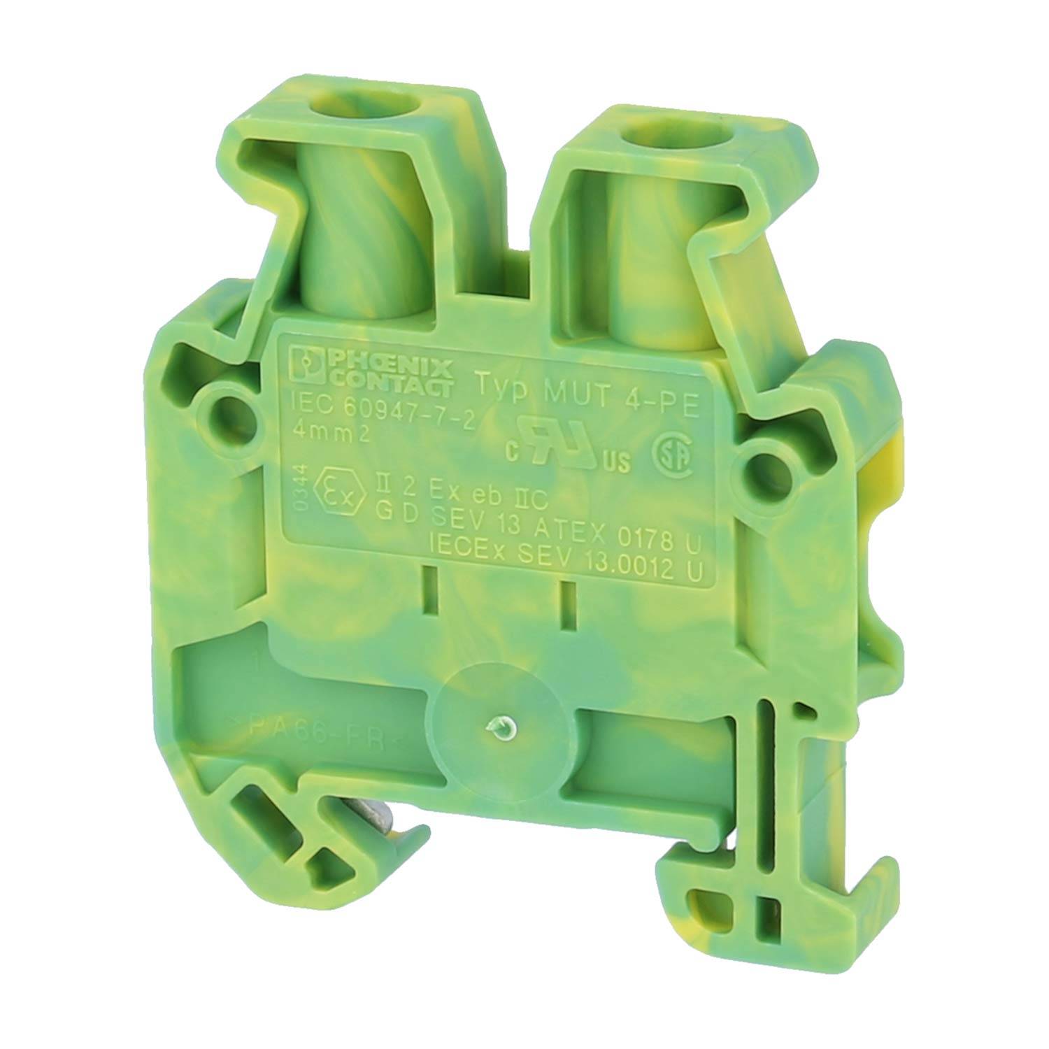 Ein grünes und gelbes Klemmblock mit mehreren Befestigungspunkten, das für elektrische Verbindungen in industriellen Anwendungen verwendet wird.