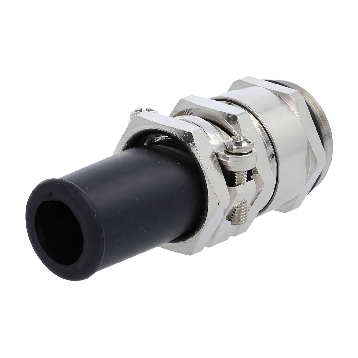 Ein Nahaufnahmebild einer metallischen Kabelverschraubung mit einem schwarzen Gummidichtelement. Sie ist für den Schutz der Kabeleinführung und die Zugentlastung ausgelegt.