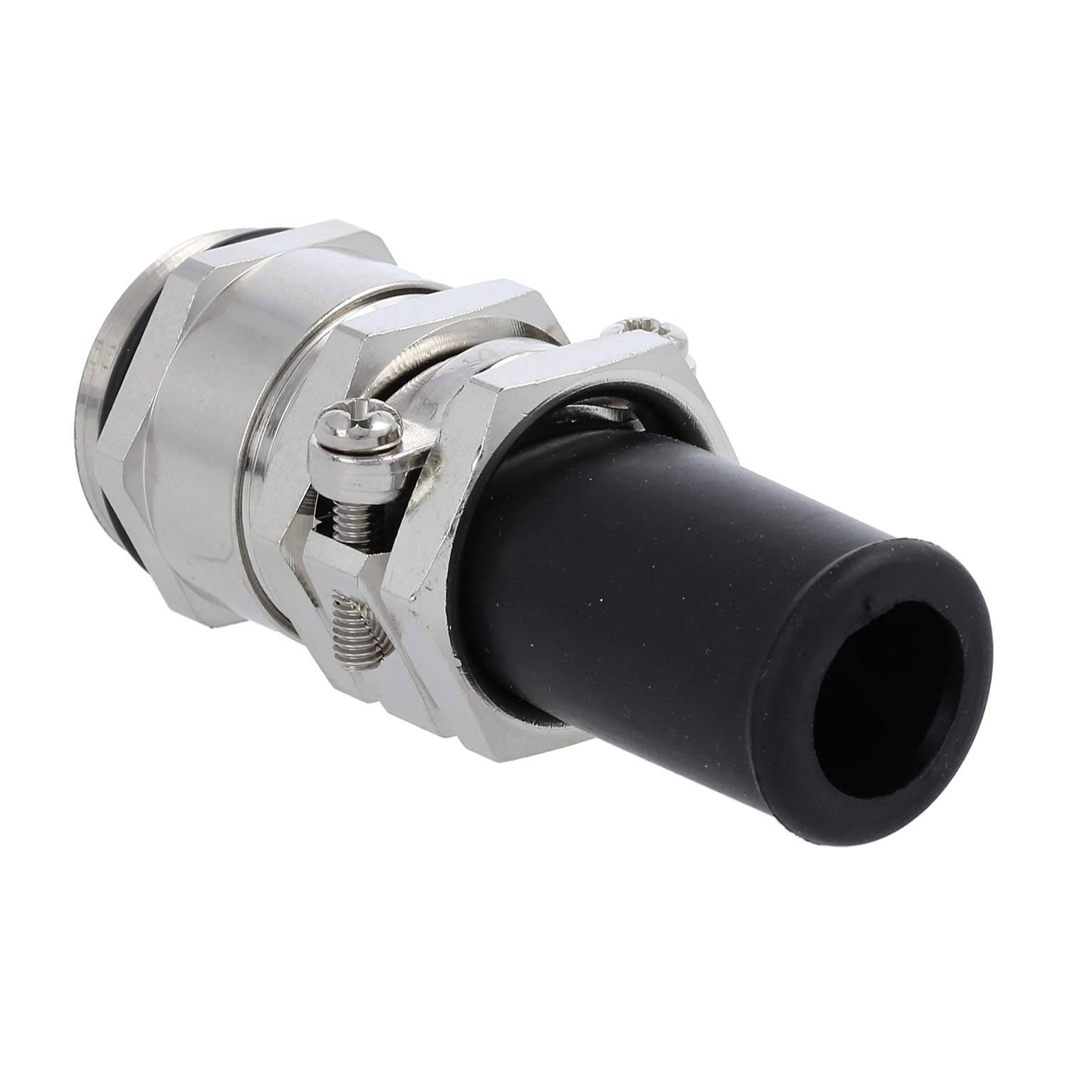 Eine silberfarbene Metallkabeleinführung mit schwarzem Gummi-Dichtungseinsatz, die zum Sichern und Schützen von Kabeln entwickelt wurde, die durch ein Gehäuse führen.