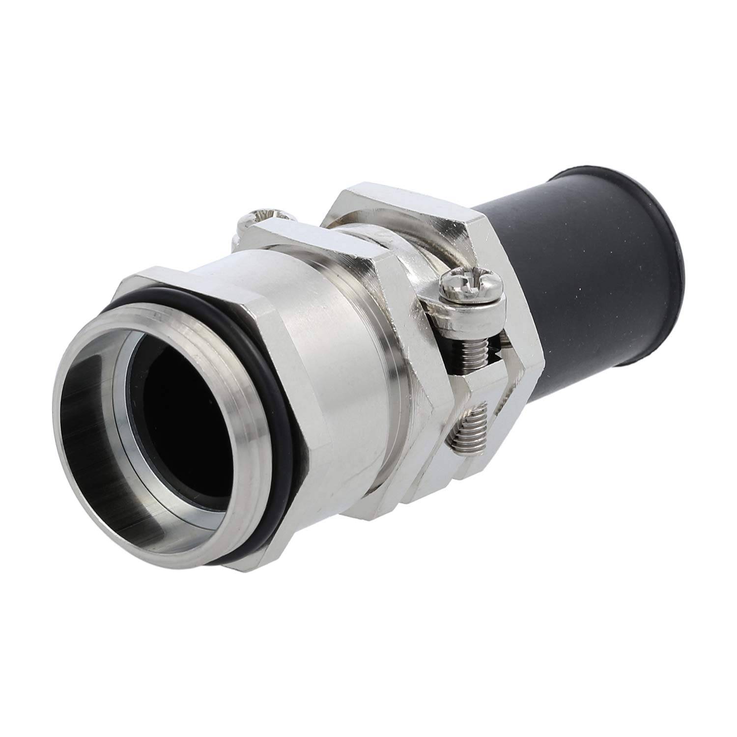 Ein nahaufnahmes Bild eines Metall- und Gummi-Kabelverschraubung, das seinen Gewindeverbinder und die Abdichtungskomponente zeigt, die zum Befestigen von Kabeln ausgelegt ist.