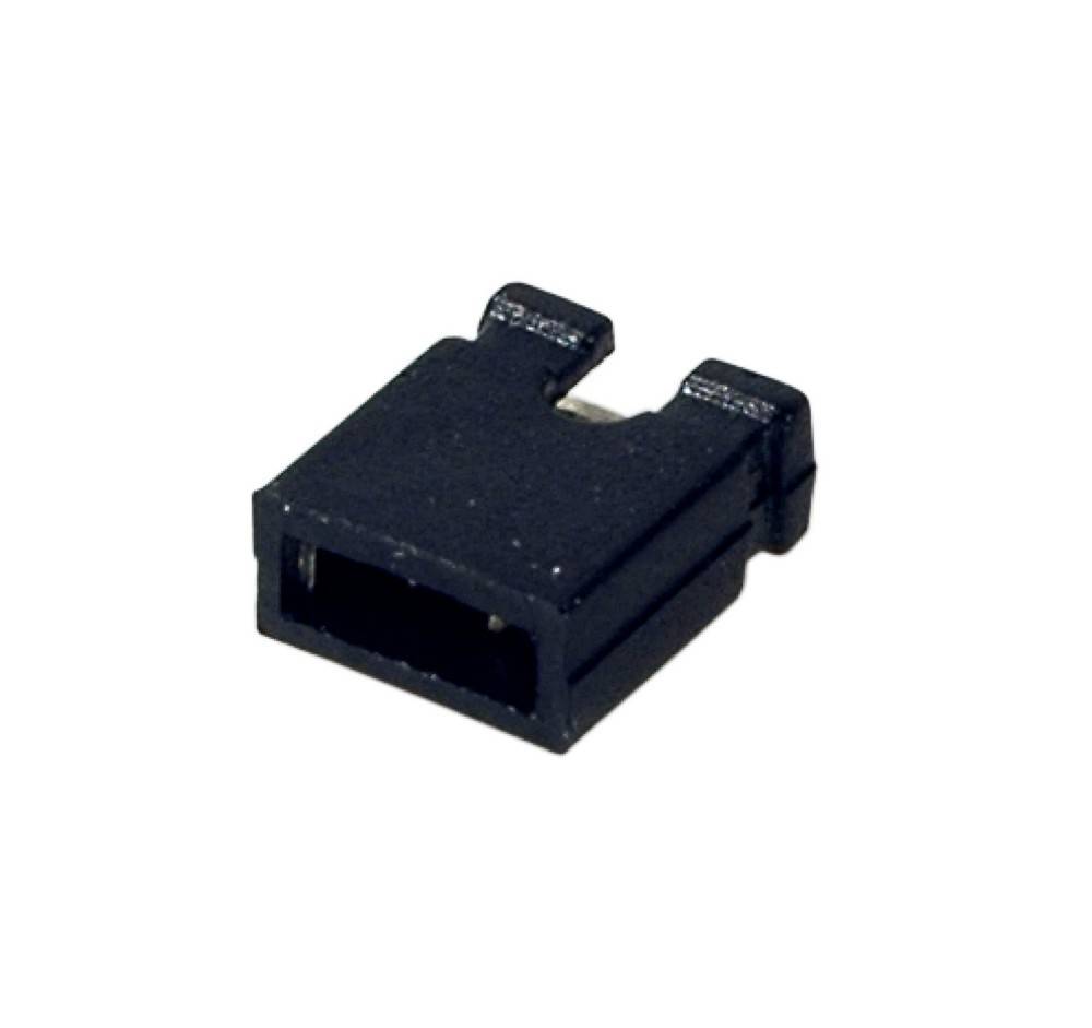 Schwarze Plastik-Jumperkappen, die häufig auf ComputerMainboards verwendet werden, um Pins zu verbinden und Einstellungen zu konfigurieren.
