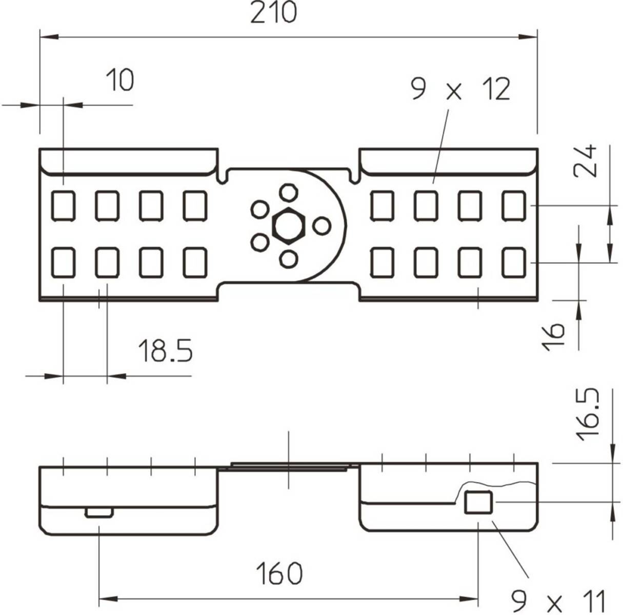 Technische Zeichnung einer Metallhalterung mit mehreren Löchern und Maßen: 210x24 mm, 160 mm Abstand. Seitenhöhe von 18,5 mm.