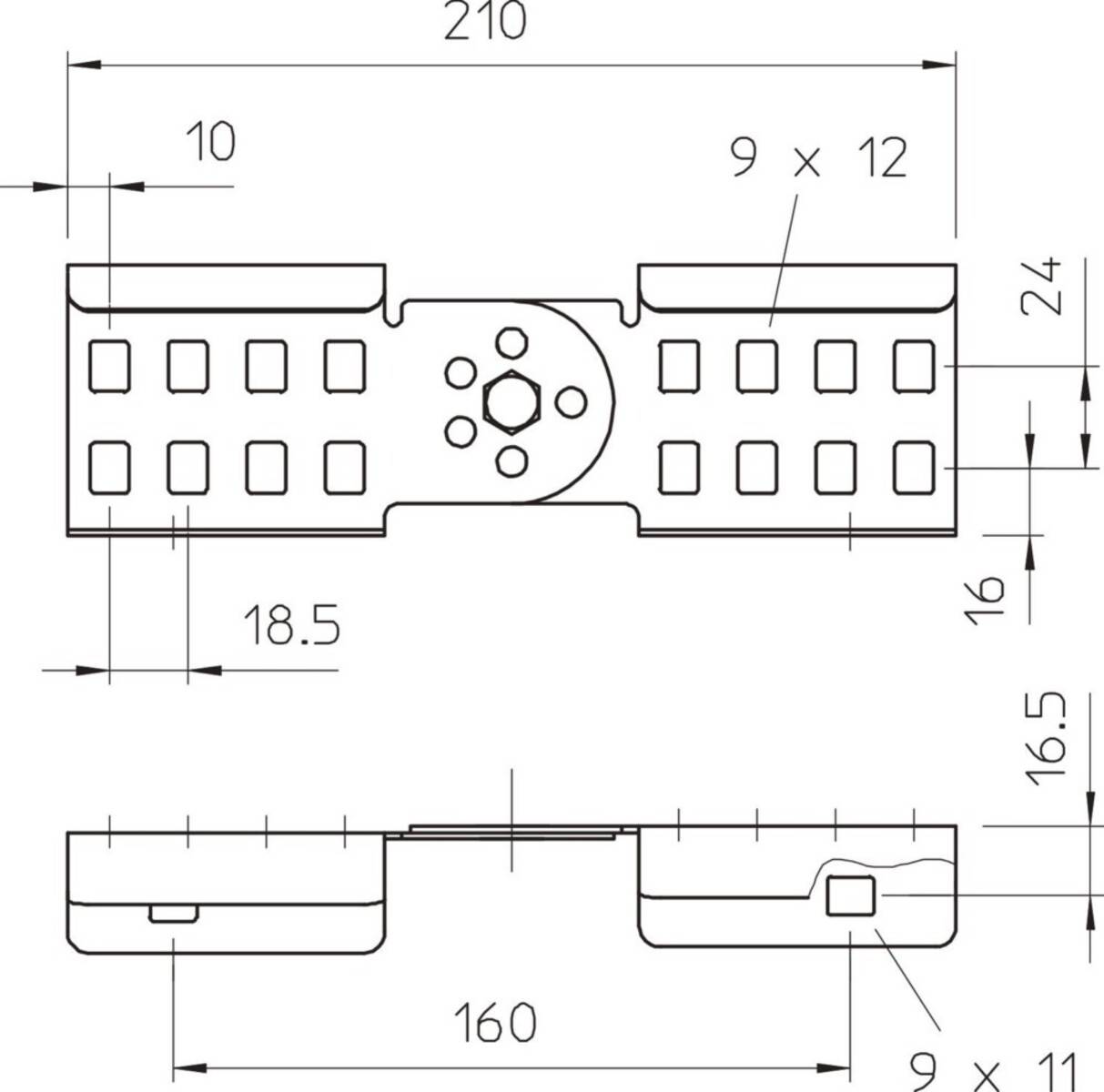 Technische Zeichnung einer Metallhalterung. Draufsicht zeigt Abmessungen: 210 mm breit, 24 mm hoch, mit mehreren Löchern. Seitenansicht zeigt Tiefe.