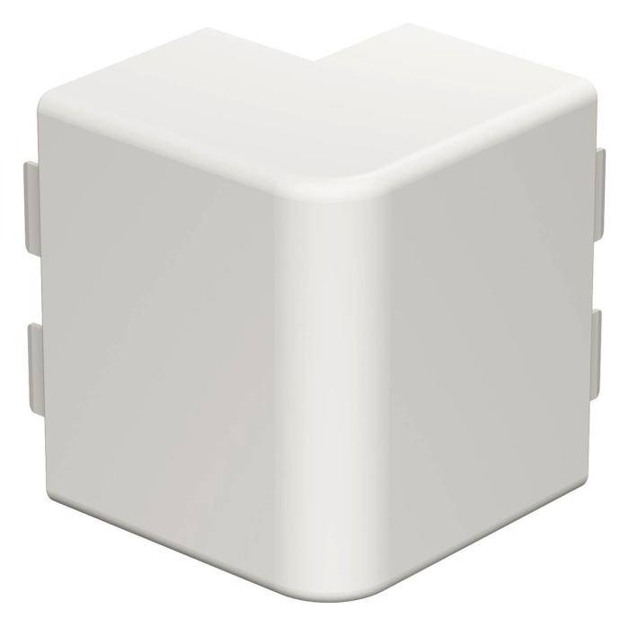 Ein weißer Kunststoff-Eckverbinder zum Verbinden von Kabeln oder Rohren im rechten Winkel.