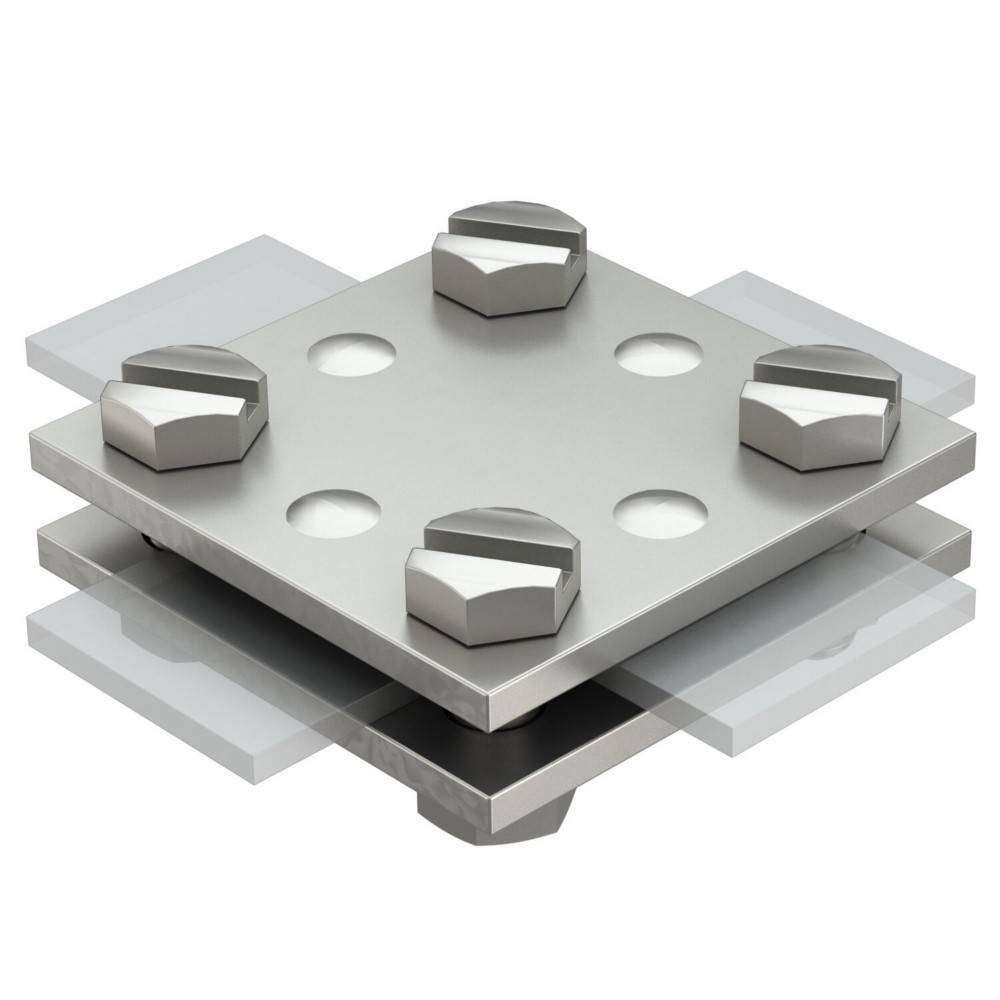 Metallischer seismischer Isolator mit quadratischer Basis und vier großen Rotationslagern zur strukturellen Abstützung, in einer geschichteten Konstruktion dargestellt.