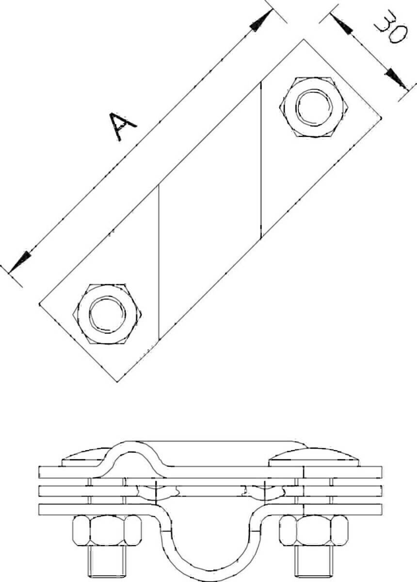 Technische Zeichnung einer Metallhalterung, Ansichten von oben und der Seite. Merkmale umfassen zwei Befestigungslöcher, abgewinkelte Sektion, Dimension A beschriftet.