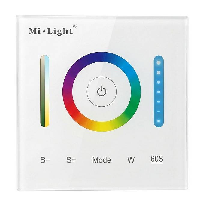Mi-Light Wand-Touchpanel zur Lichtsteuerung mit Stromschalter, Farbrad, Helligkeitsschieber und beschrifteten S-, S+, Mode, W und 60S-Steuerelementen.