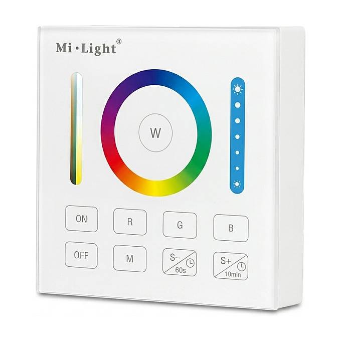 Weißer Mi-Light Wandregler mit Farbrad, Helligkeitsschiebereglern und Tasten für Ein-/Ausschalten, RGB-Farben und Timer-Einstellungen.