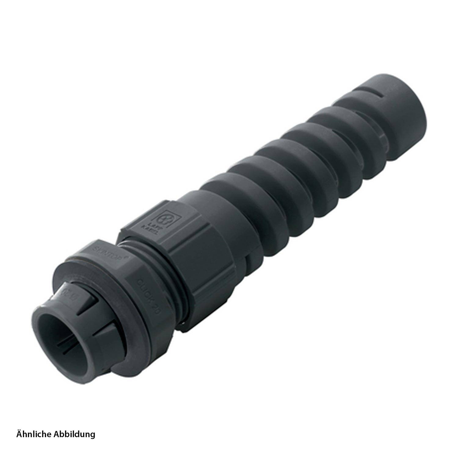 Ein schwarzer Kunststoff-Kabelkanal-Stecker mit gerippter Außenfläche, entwickelt zum Befestigen von Kabeln in elektrischen oder Sanitärinstallationen.