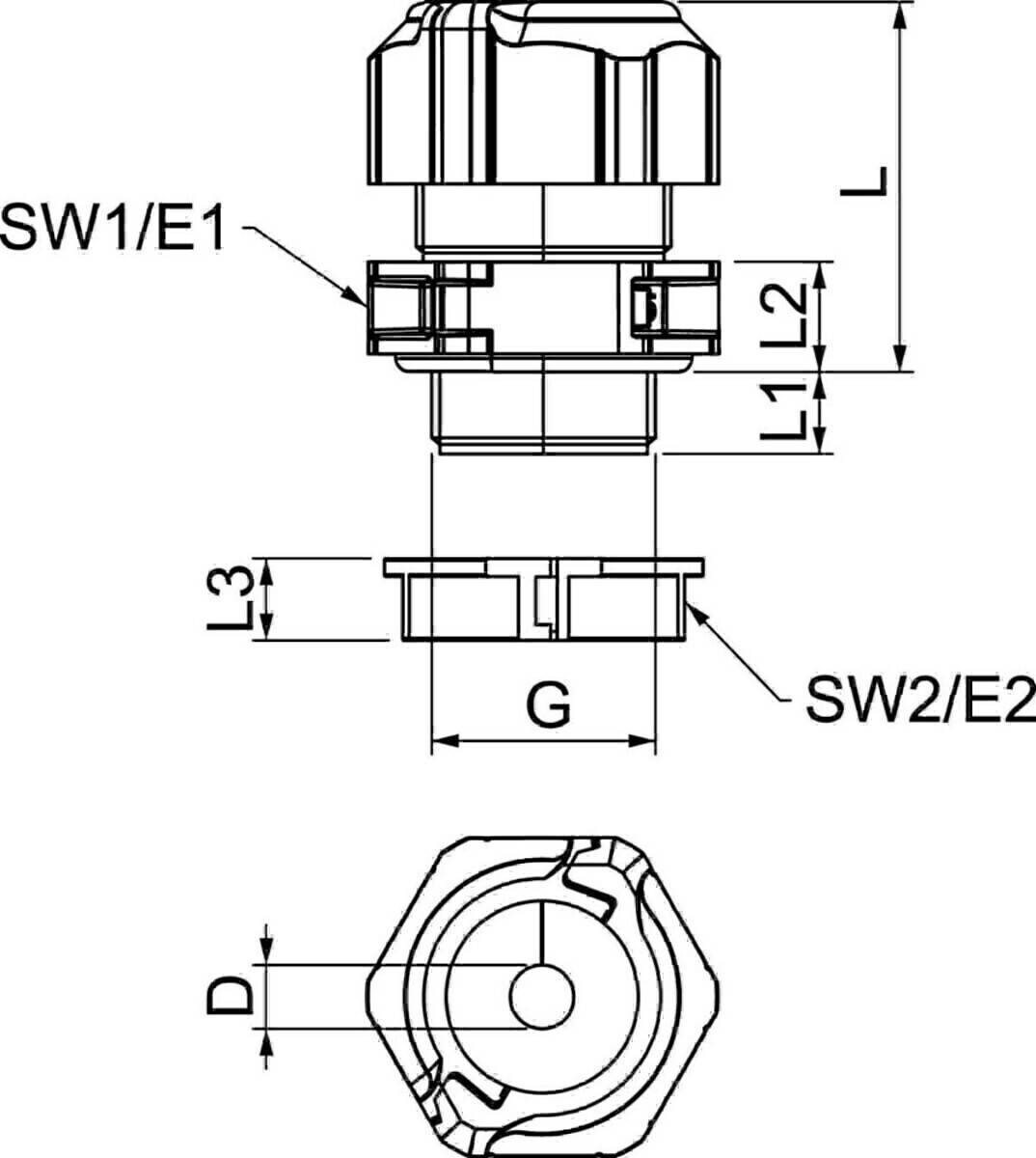 Technische Zeichnung einer zylindrischen Komponente mit beschrifteten Abmessungen: 'L', 'G', 'L1', 'L2', 'L3', 'SW1/E1', 'SW2/E2' und 'D'. Ansicht von oben und von der Seite.