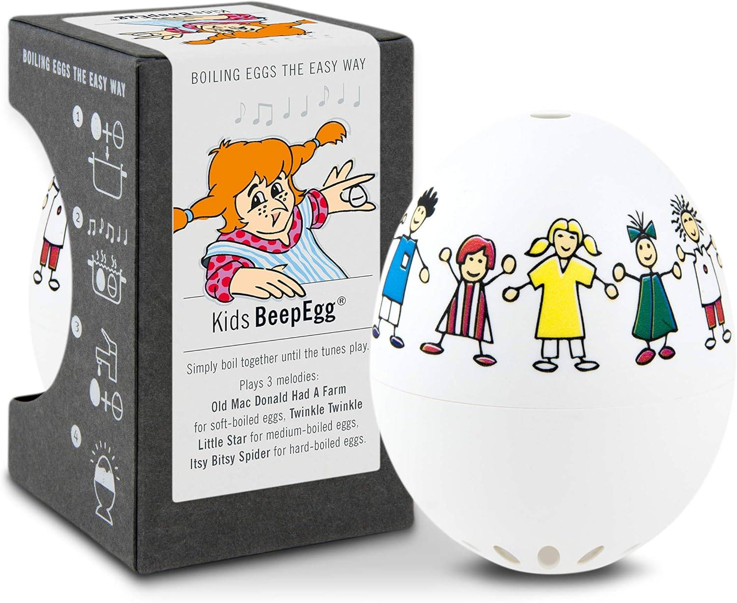 Brainstream | Kinder PiepEi - Singende Eieruhr zum Mitkochen - Eierkocher für 3 Härtegrade - Spielt Pippi Langstrumpf - Lustiges Kochei - Musik Eggt