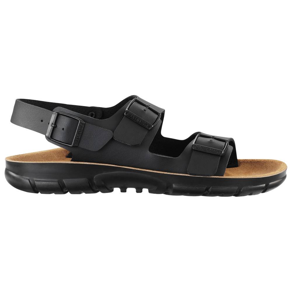Ein schwarzer Sandale mit zwei verstellbaren Riemen und einer stützenden Sohle, entwickelt für Komfort und den täglichen Gebrauch.