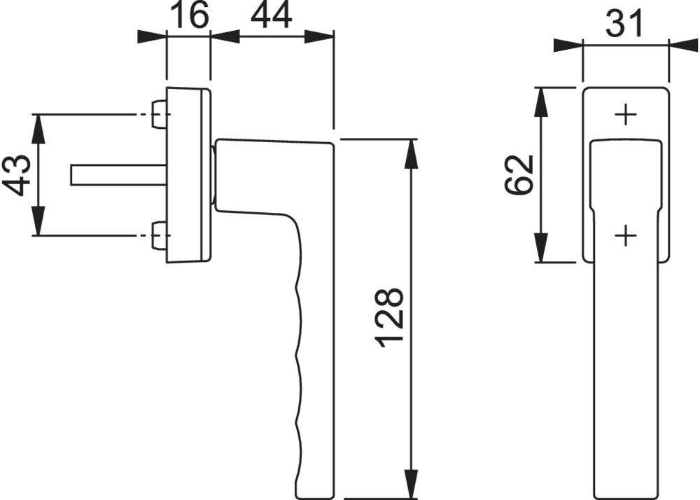 Eine Strichzeichnung eines Türgriffs mit Abmessungen: 16 mm Breite, 44 mm Länge für die Basis, 128 mm Griffhöhe und 62 mm Länge dahinter.