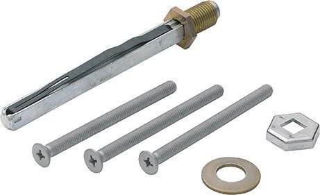 Ein Metallbolzen mit einer Holzunterlage und drei Gewindestangen, neben einer Unterlegscheibe positioniert, auf einer einfachen weißen Oberfläche liegend.