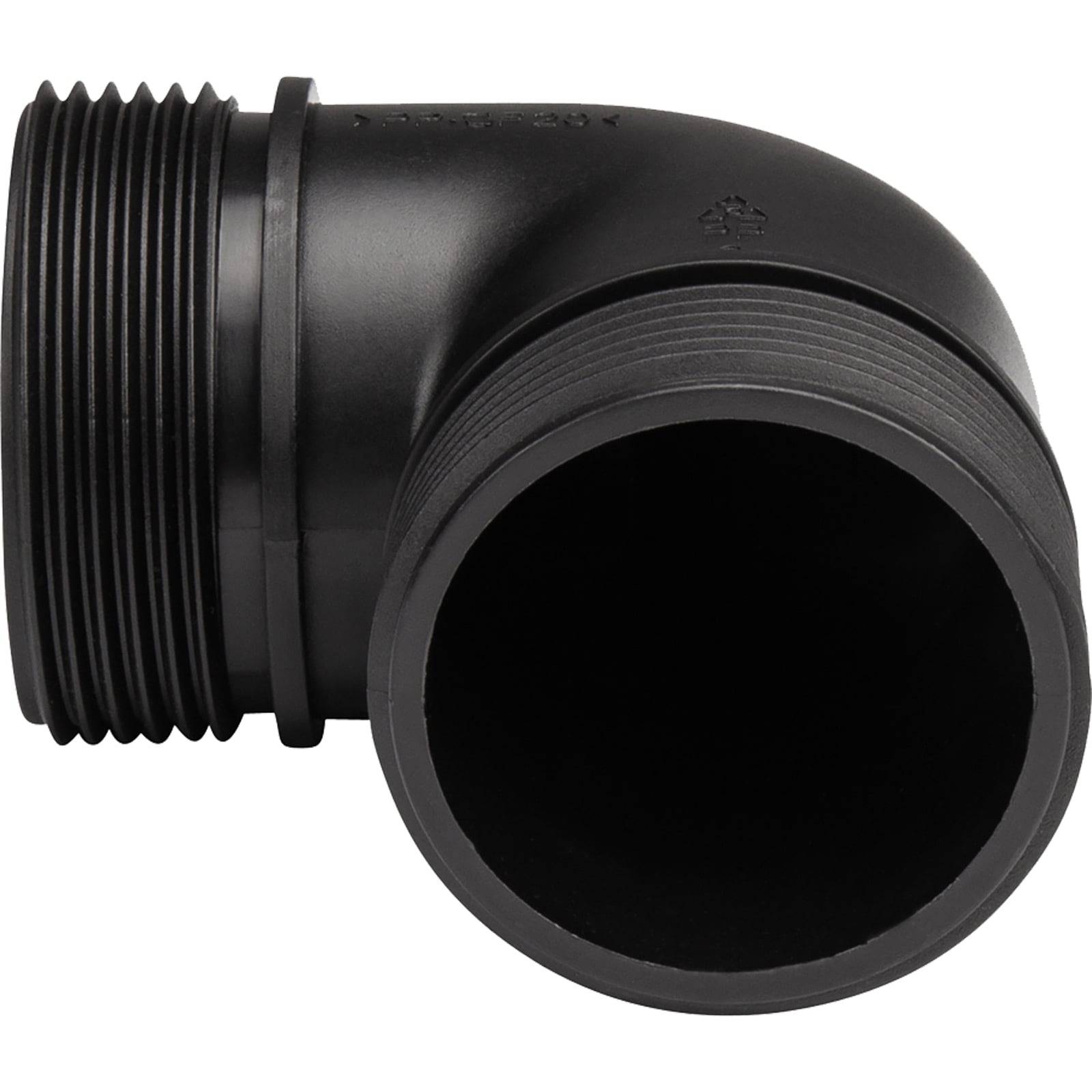 Ein schwarzes Plastik-Rohrbogen-Fitting mit Gewinde an den Enden zum Verbinden von Rohren in einem 90-Grad-Winkel.