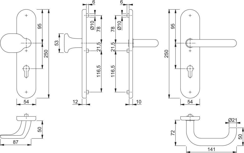 Diagramm eines Türgriffs mit Maßangaben in Millimetern. Front- und Seitenansichten zeigen Länge, Breite und Abstände, Schlüssellochposition und Griffabmessungen.