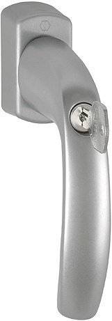 Ein Metallschrankscharnieren mit silberner Oberfläche, bestehend aus zwei Teilen: einer Montageplatten und einem verstellbaren Arm zum Verbinden von Türen mit Rahmen.