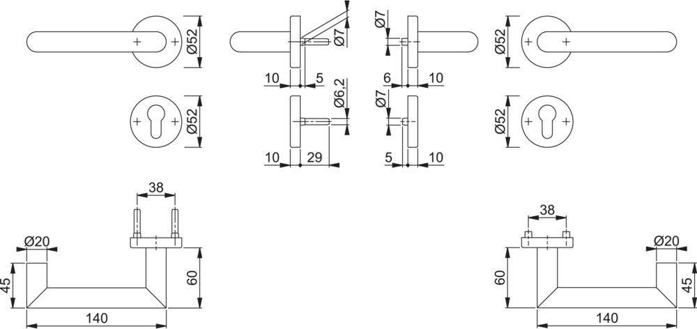 Technisches Diagramm einer Türklinke mit spezifischen Maßen. Die Abmessungen umfassen verschiedene Durchmesser und Längen, die für die Installation erforderlich sind.