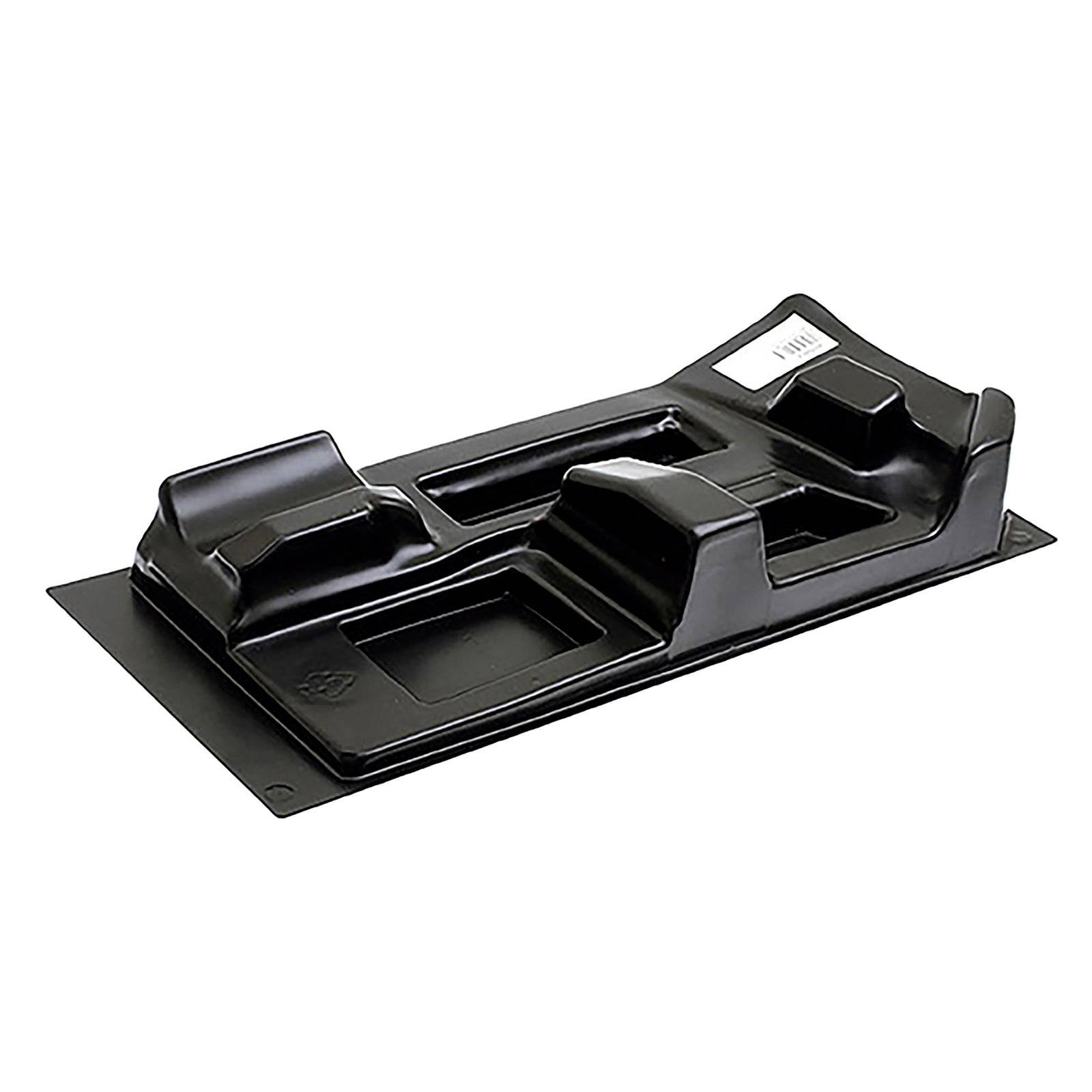 Ein schwarzes, geformtes Plastikverpackungstablett, das entwickelt wurde, um spezifische Gegenstände sicher zu halten, mit Fächern und erhöhten Rändern.